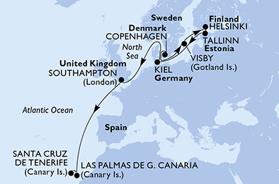 Dánsko, Švédsko, Fínsko, Estónsko, Nemecko, Veľká Británia, Španielsko z Kodane na lodi MSC Euribia