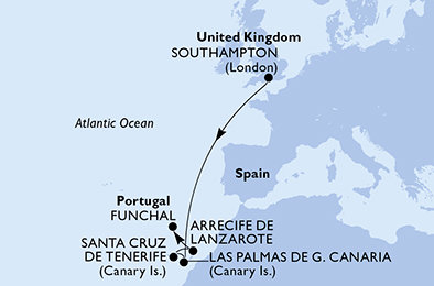 Veľká Británia, Španielsko, z Lanzarote, Portugalsko zo Southamptonu na lodi MSC Euribia