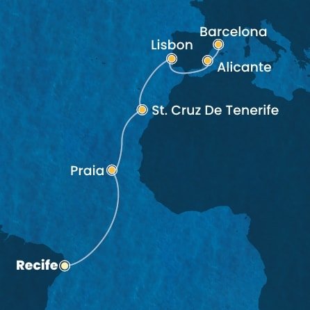 Brazília, Kapverdy, Španielsko, Portugalsko z Recife na lodi Costa Pacifica