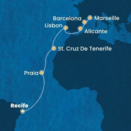 Brazília, Kapverdy, Španielsko, Portugalsko, Francúzsko z Recife na lodi Costa Pacifica