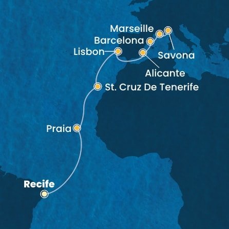 Brazília, Kapverdy, Španielsko, Portugalsko, Francúzsko, Taliansko z Recife na lodi Costa Pacifica