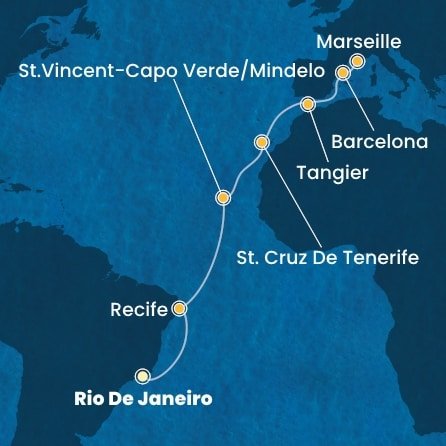 Brazília, Kapverdy, Španielsko, Maroko, Francúzsko z Rio de Janeira na lodi Costa Favolosa