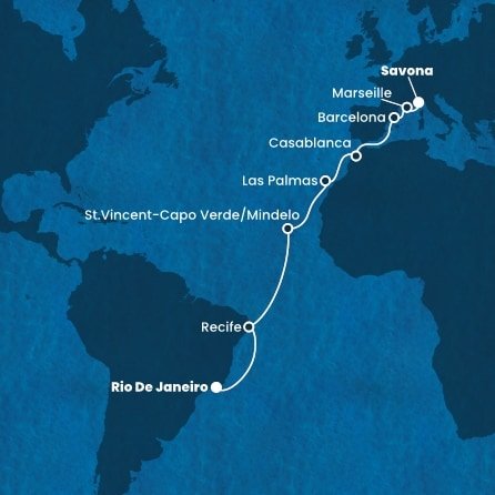 Brazília, Kapverdy, Španielsko, Maroko, Francúzsko, Taliansko z Rio de Janeira na lodi Costa Favolosa