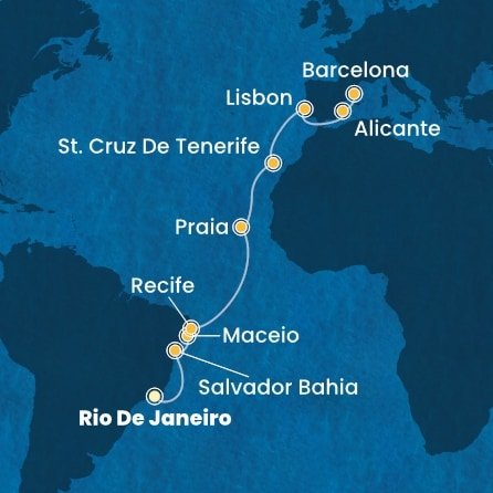 Brazília, Kapverdy, Španielsko, Portugalsko z Rio de Janeira na lodi Costa Pacifica