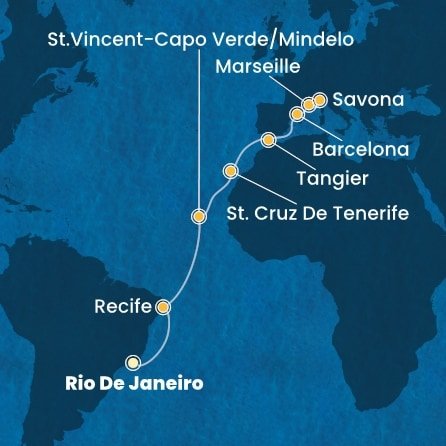 Brazília, Kapverdy, Španielsko, Maroko, Francúzsko, Taliansko z Rio de Janeira na lodi Costa Favolosa