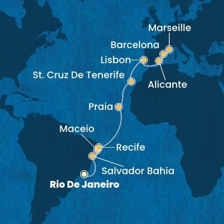 Brazília, Kapverdy, Španielsko, Portugalsko, Francúzsko z Rio de Janeira na lodi Costa Pacifica