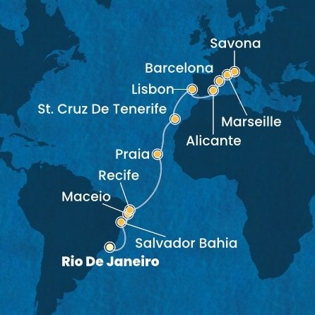 Brazília, Kapverdy, Španielsko, Portugalsko, Francúzsko, Taliansko z Rio de Janeira na lodi Costa Pacifica