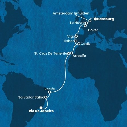 Brazília, Španielsko, Portugalsko, Francúzsko, Veľká Británia, Holandsko, Nemecko z Rio de Janeira na lodi Costa Favolosa