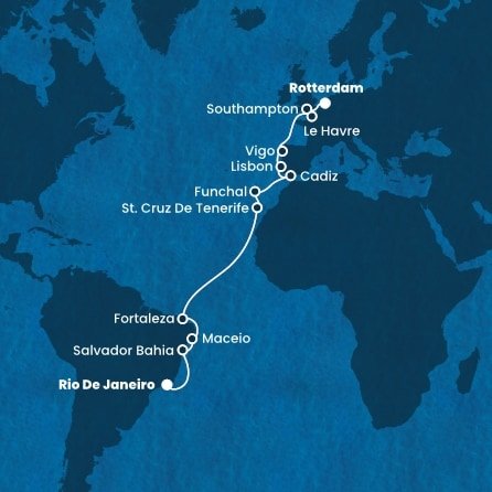 Brazília, Španielsko, Portugalsko, Francúzsko, Veľká Británia, Holandsko z Rio de Janeira na lodi Costa Diadema