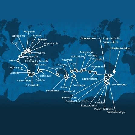 Brazília, Uruguaj, Argentína, Chile, Zámořské území Velké Británie, Francouzská Polynésie, Cookovy ostrovy, Tonga, Fiji, Nová Kaledonie, Nový Zéland, Austrália, Maurícius, Madagaskar, Juhoafrická republika, Namíbia, Kapverdy, Španielsko, Francúzsko, Taliansko, Grécko z Rio de Janeira na lodi Costa Deliziosa