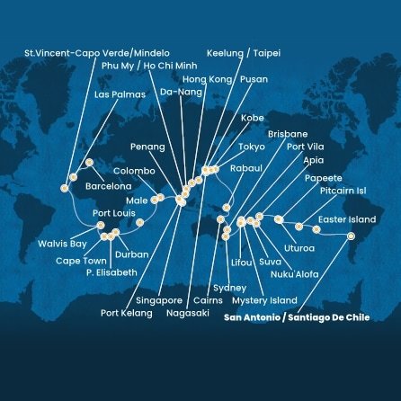 Chile, Zámořské území Velké Británie, Francouzská Polynésie, Francúzsko, Samoa, Tonga, Fiji, Vanuatská republika, Nová Kaledonie, Austrália, Papua Nová Guinea, Japonsko, Južná Kórea, Tchaj-wan, Čína, Vietnam, Singapur, Malajzia, Srí Lanka, Maledivy, Maurícius, Juhoafrická republika, Namíbia, Kapverdy, Španielsko ze San Antonio na lodi Costa Deliziosa
