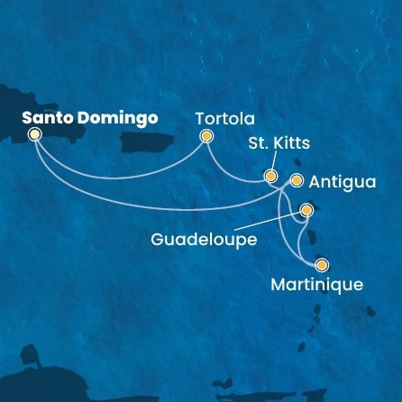 Dominikánska republika, Antigua a Barbuda, Martinik, Guadeloupe, Svätý Krištof a Nevis, Britské Panenské ostrovy zo Santa Dominga na lodi Costa Favolosa