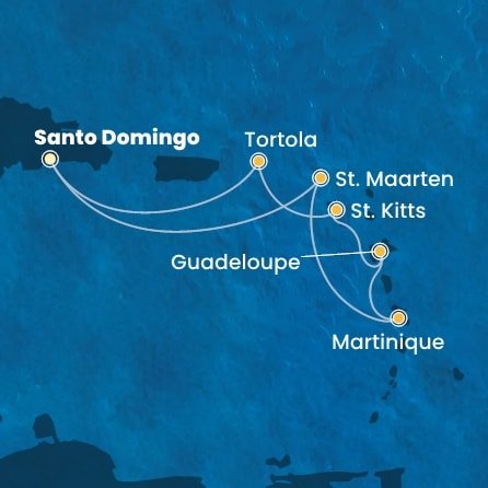 Dominikánska republika, Svatý Martin, Martinik, Guadeloupe, Svätý Krištof a Nevis, Britské Panenské ostrovy zo Santa Dominga na lodi Costa Favolosa