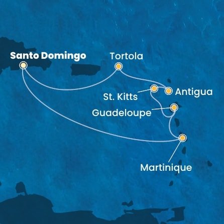 Dominikánska republika, Martinik, Guadeloupe, Svätý Krištof a Nevis, Antigua a Barbuda, Britské Panenské ostrovy zo Santa Dominga na lodi Costa Favolosa