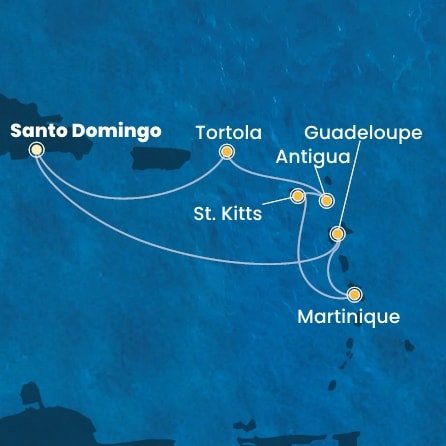 Dominikánska republika, Guadeloupe, Martinik, Svätý Krištof a Nevis, Antigua a Barbuda, Britské Panenské ostrovy zo Santa Dominga na lodi Costa Favolosa