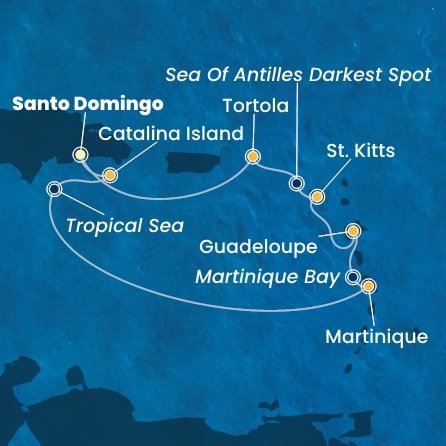 Dominikánska republika, , Martinik, Francúzsko, Guadeloupe, Svätý Krištof a Nevis, Jamajka, Britské Panenské ostrovy zo Santa Dominga na lodi Costa Fascinosa