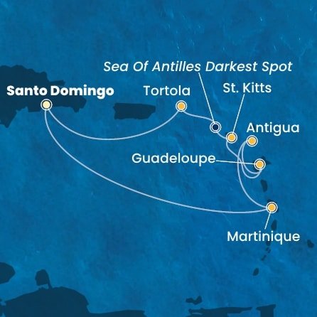 Dominikánska republika, Martinik, Antigua a Barbuda, Guadeloupe, Svätý Krištof a Nevis, Britské Panenské ostrovy zo Santa Dominga na lodi Costa Fascinosa