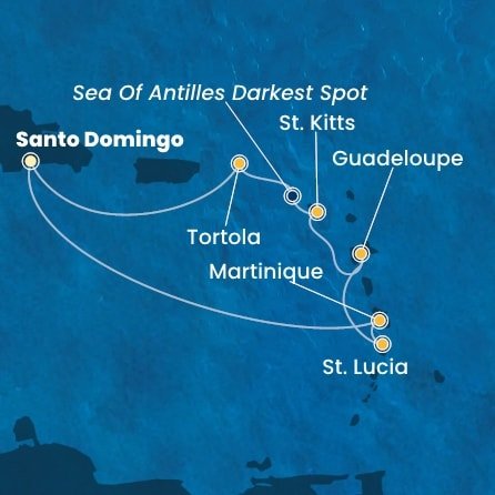 Dominikánska republika, Martinik, Svätá Lucia, Guadeloupe, Svätý Krištof a Nevis, Britské Panenské ostrovy zo Santa Dominga na lodi Costa Fascinosa