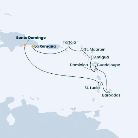 Dominikánska republika, Svätá Lucia, Barbados, Guadeloupe, Dominika, Antigua a Barbuda, Svatý Martin, Britské Panenské ostrovy zo Santa Dominga na lodi Costa Pacifica