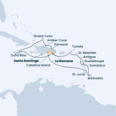 Dominikánska republika, Svätá Lucia, Barbados, Guadeloupe, Dominika, Antigua a Barbuda, Svatý Martin, Britské Panenské ostrovy, Jamajka, Veľká Británia zo Santa Dominga na lodi Costa Pacifica