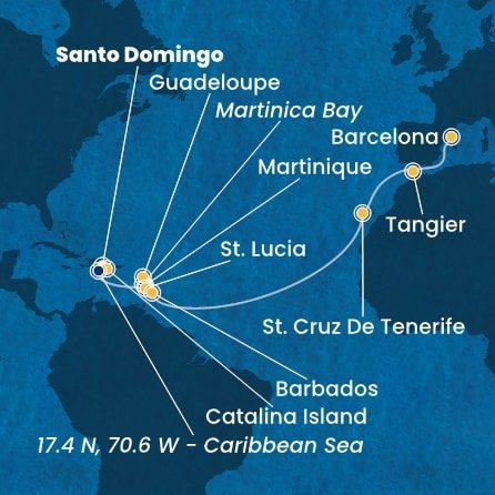 Dominikánska republika, , Martinik, Francúzsko, Guadeloupe, Svätá Lucia, Barbados, Španielsko, Maroko zo Santa Dominga na lodi Costa Fascinosa