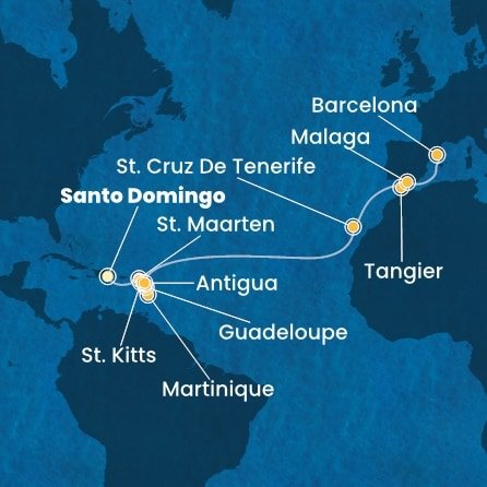Dominikánska republika, Svatý Martin, Martinik, Guadeloupe, Svätý Krištof a Nevis, Antigua a Barbuda, Španielsko, Maroko zo Santa Dominga na lodi Costa Favolosa