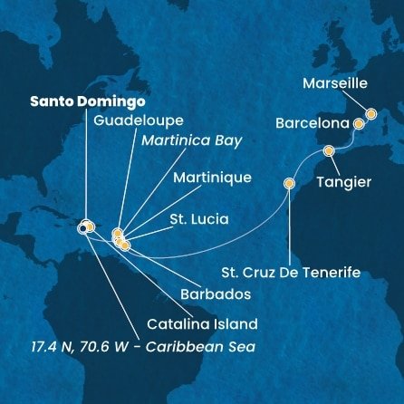 Dominikánska republika, , Martinik, Francúzsko, Guadeloupe, Svätá Lucia, Barbados, Španielsko, Maroko zo Santa Dominga na lodi Costa Fascinosa