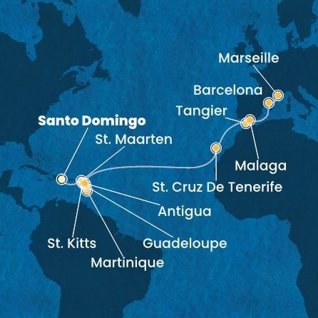 Dominikánska republika, Svatý Martin, Martinik, Guadeloupe, Svätý Krištof a Nevis, Antigua a Barbuda, Španielsko, Maroko, Francúzsko zo Santa Dominga na lodi Costa Favolosa