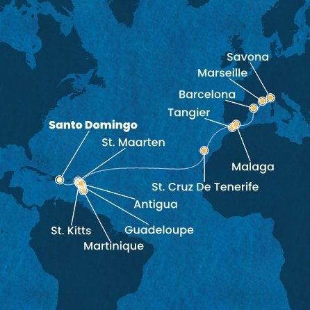 Dominikánska republika, Svatý Martin, Martinik, Guadeloupe, Svätý Krištof a Nevis, Antigua a Barbuda, Španielsko, Maroko, Francúzsko, Taliansko zo Santa Dominga na lodi Costa Favolosa