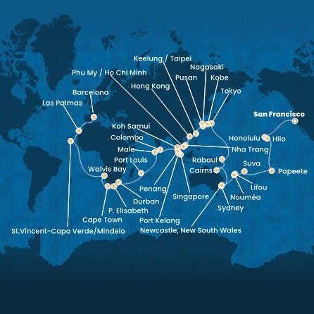 USA, Francouzská Polynésie, Fiji, Nová Kaledonie, Austrália, Papua Nová Guinea, Japonsko, Južná Kórea, Tchaj-wan, Čína, Vietnam, Thajsko, Singapur, Malajzia, Srí Lanka, Maledivy, Maurícius, Juhoafrická republika, Namíbia, Kapverdy, Španielsko zo San Francisca na lodi Costa Deliziosa