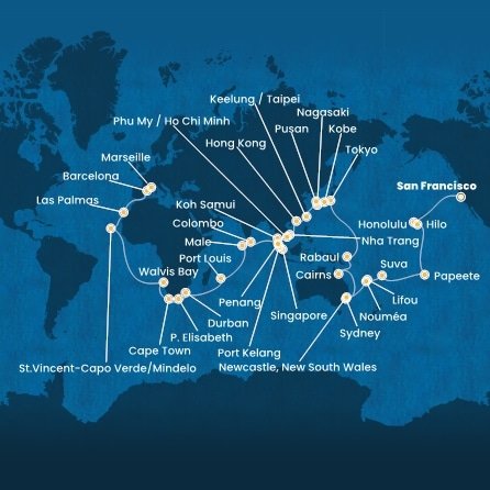 USA, Francouzská Polynésie, Fiji, Nová Kaledonie, Austrália, Papua Nová Guinea, Japonsko, Južná Kórea, Tchaj-wan, Čína, Vietnam, Thajsko, Singapur, Malajzia, Srí Lanka, Maledivy, Maurícius, Juhoafrická republika, Namíbia, Kapverdy, Španielsko, Francúzsko zo San Francisca na lodi Costa Deliziosa