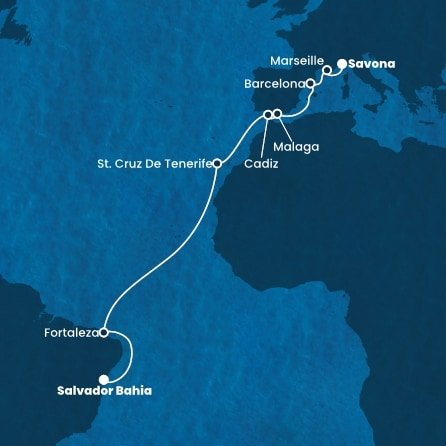 Brazília, Španielsko, Francúzsko, Taliansko zo Salvadoru na lodi Costa Diadema