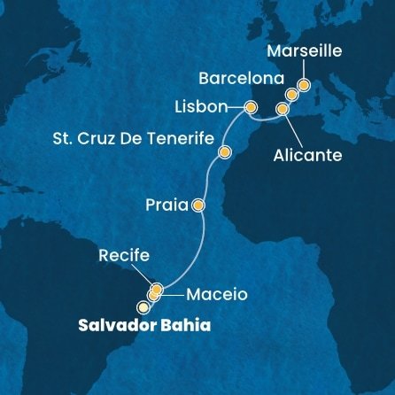 Brazília, Kapverdy, Španielsko, Portugalsko, Francúzsko zo Salvadoru na lodi Costa Pacifica