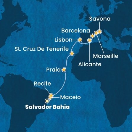 Brazília, Kapverdy, Španielsko, Portugalsko, Francúzsko, Taliansko zo Salvadoru na lodi Costa Pacifica