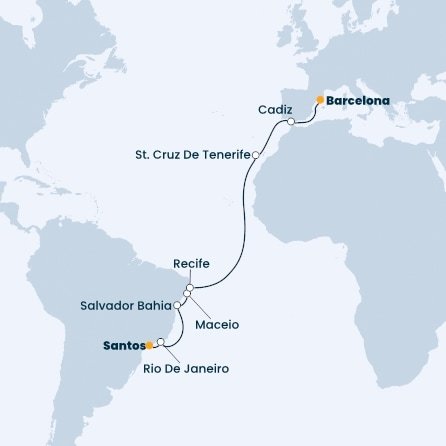 Brazília, Španielsko zo Santosu na lodi Costa Favolosa