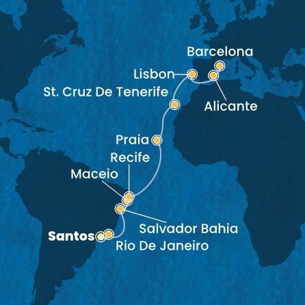 Brazília, Kapverdy, Španielsko, Portugalsko zo Santosu na lodi Costa Pacifica