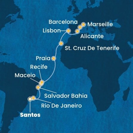 Brazília, Kapverdy, Španielsko, Portugalsko, Francúzsko zo Santosu na lodi Costa Pacifica