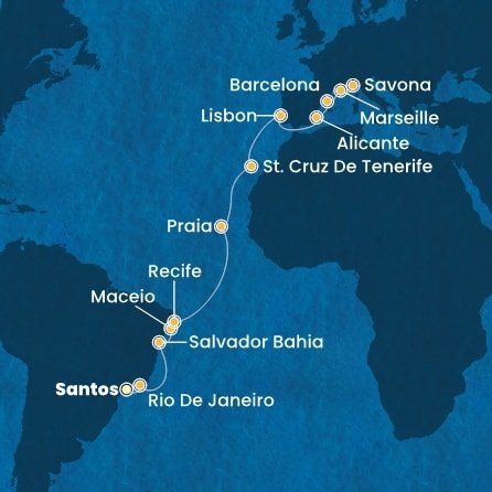 Brazília, Kapverdy, Španielsko, Portugalsko, Francúzsko, Taliansko zo Santosu na lodi Costa Pacifica