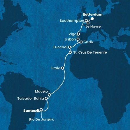 Brazília, Kapverdy, Španielsko, Portugalsko, Francúzsko, Veľká Británia, Holandsko zo Santosu na lodi Costa Diadema