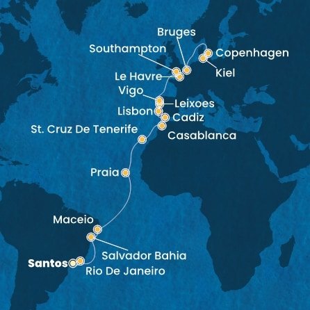 Brazília, Kapverdy, Španielsko, Maroko, Portugalsko, Francúzsko, Veľká Británia, Belgicko, Nemecko, Dánsko zo Santosu na lodi Costa Diadema
