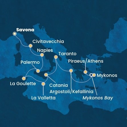Taliansko, Tunisko, Malta, Kefalonie, Grécko ze Savony na lodi Costa Fascinosa