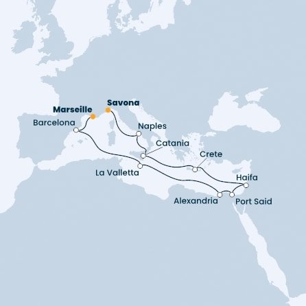 Taliansko, Grécko, Izrael, Egypt, Malta, Španielsko, Francúzsko zo Savony na lodi Costa Pacifica