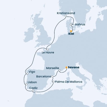 Taliansko, Francúzsko, Španielsko, Portugalsko, Nórsko, Dánsko, Nemecko zo Savony na lodi Costa Fascinosa