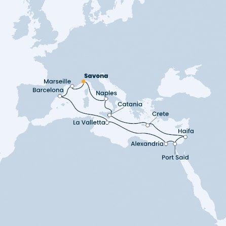 Taliansko, Izrael, Cyprus, Egypt, Malta, Španielsko, Francúzsko zo Savony na lodi Costa Pacifica