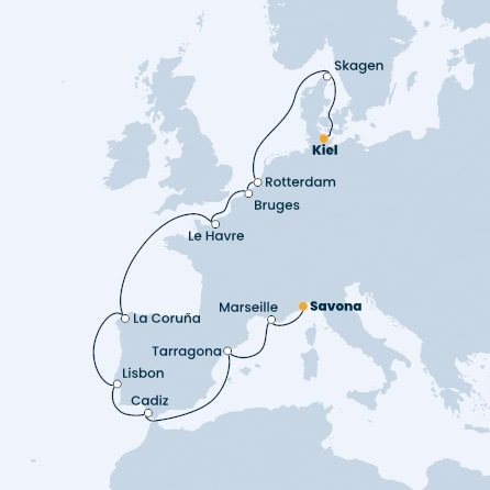 Taliansko, Francúzsko, Španielsko, Portugalsko, Belgicko, Holandsko, Dánsko, Nemecko zo Savony na lodi Costa Firenze
