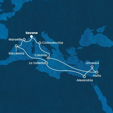 Taliansko, Izrael, Cyprus, Egypt, Malta, Španielsko, Francúzsko zo Savony na lodi Costa Diadema