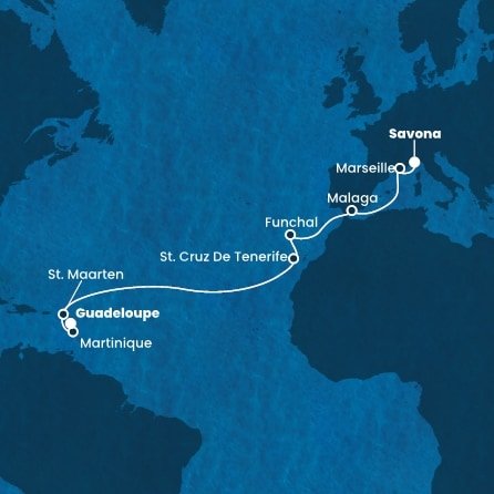 Taliansko, Francúzsko, Španielsko, Portugalsko, Svatý Martin, Martinik, Guadeloupe zo Savony na lodi Costa Fortuna