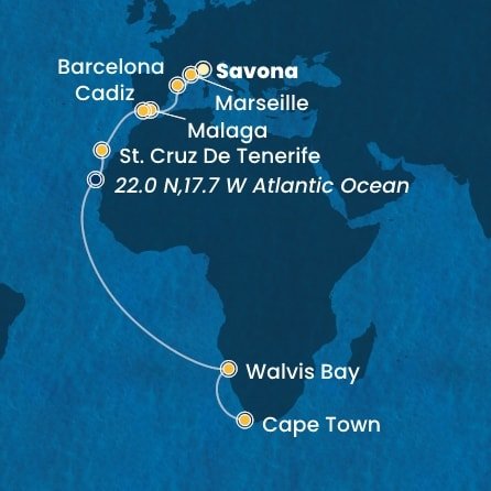 Taliansko, Francúzsko, Španielsko, Namíbia, Juhoafrická republika ze Savony na lodi Costa Toscana