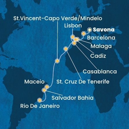 Taliansko, Španielsko, Portugalsko, Maroko, Kapverdy, Brazília ze Savony na lodi Costa Diadema