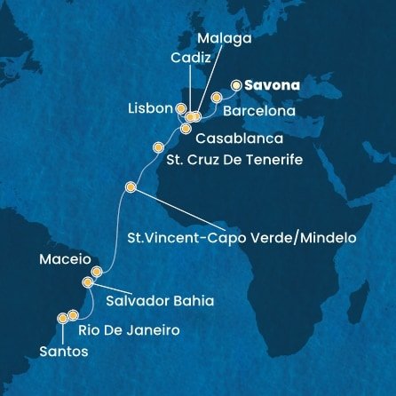Taliansko, Španielsko, Portugalsko, Maroko, Kapverdy, Brazília ze Savony na lodi Costa Diadema